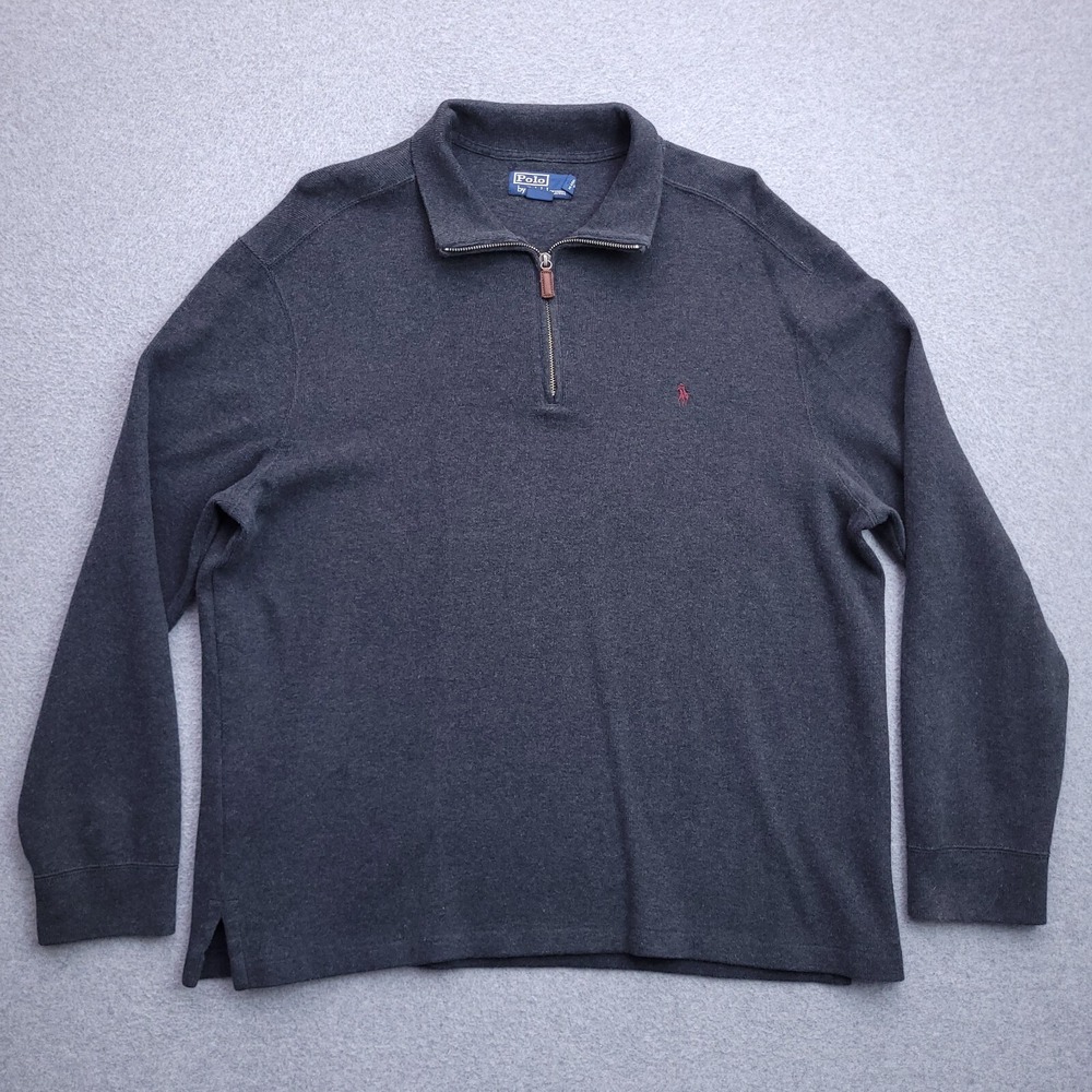 Polo Ralph Lauren Sweater XL Quarter Zip Pullover Ribbed Cotton Gray Logo Mens